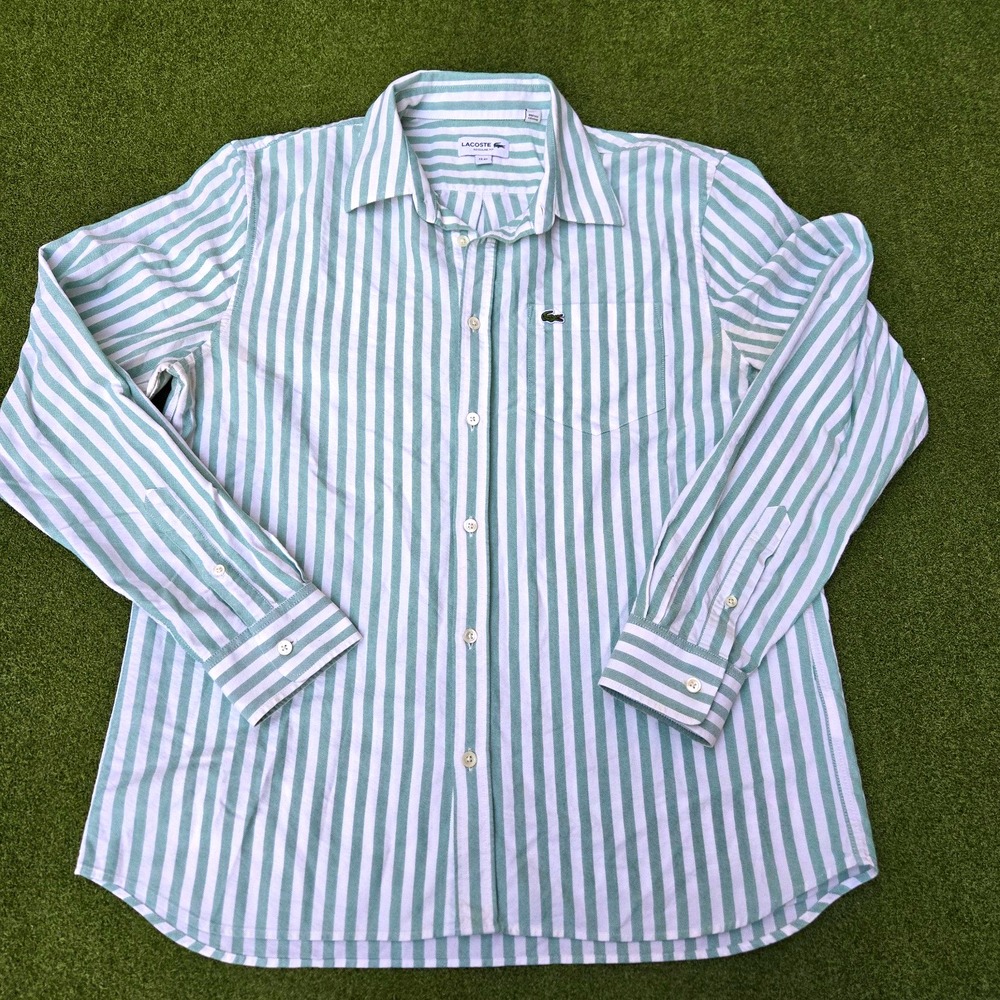 Lacoste Men's Regular Fit Green/White Striped Cotton Button-Up Shirt M